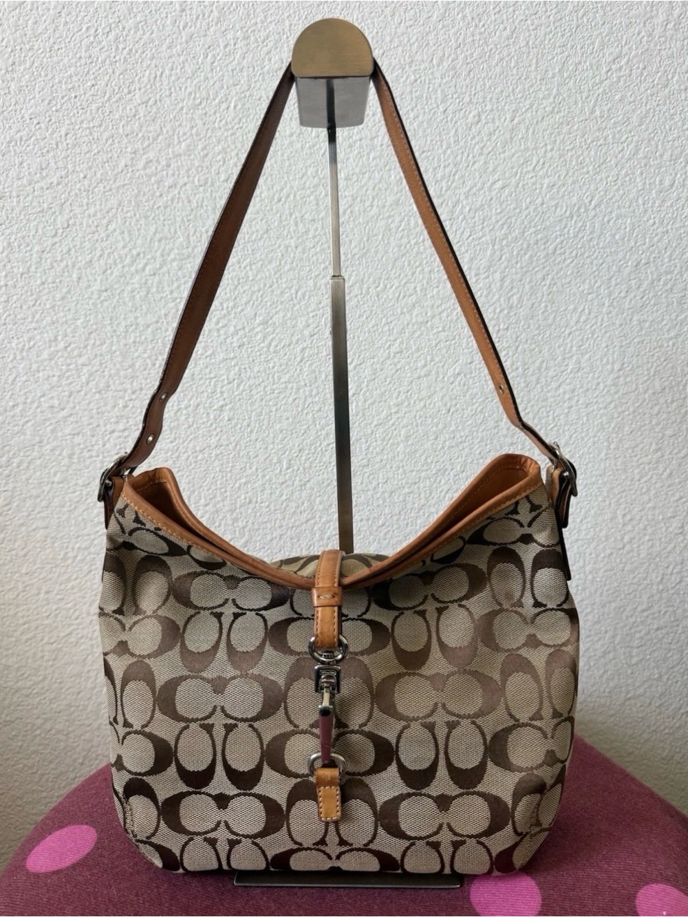 Vintage Coach 6845 Signature Jacquard Hobo Shoulder Bag Brown Leather Y2K